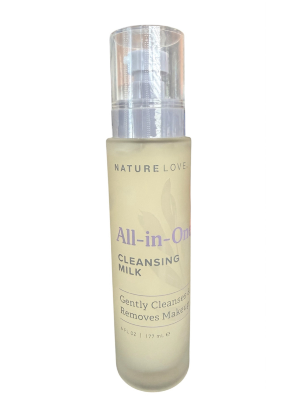 NWT Nature Love All-In-One Cleansing Milk 6 oz Glass Pump Bottle Makeup Remover